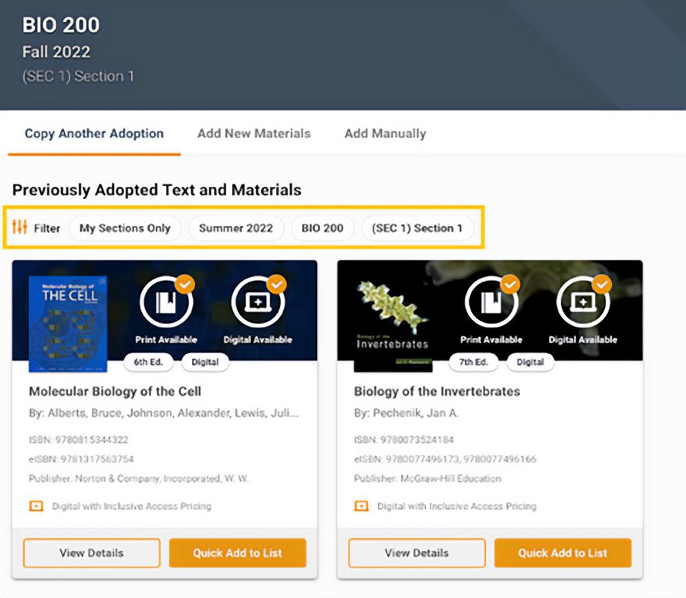 Screenshot of previously adopted materials.