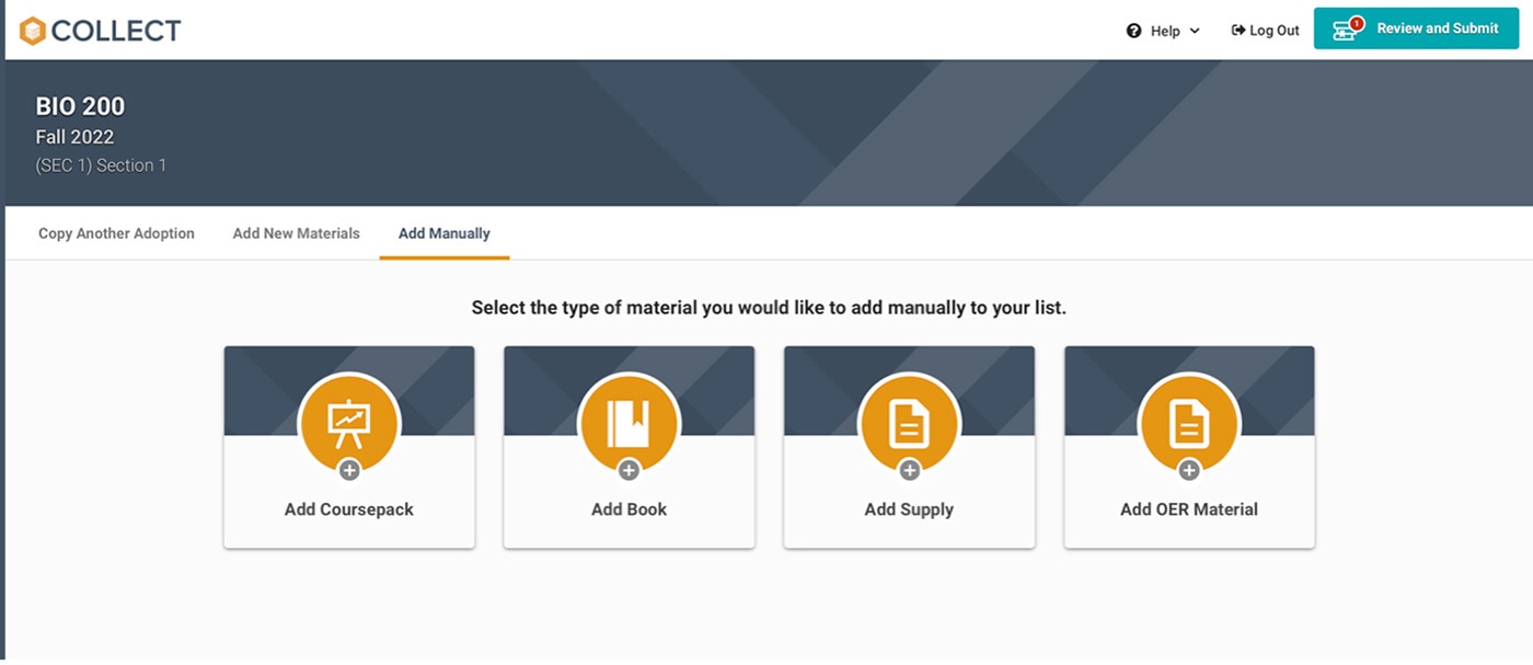 Screenshot for adding materials manually.