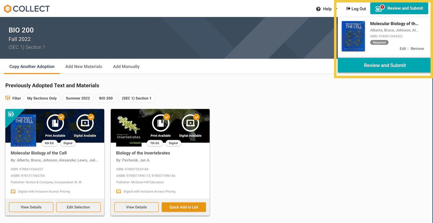 Screenshot for how to review and submit adoption materials.