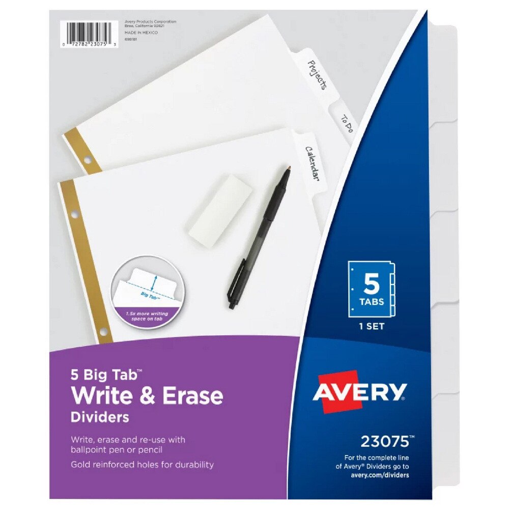 Avery White Big Tab Write & Erase 5 Tab Binder Dividers