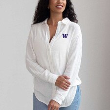 ChickaD Women's Embroidered W Long Sleeve Gauze Woven Button Down Top
