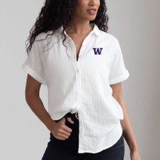 ChickaD Women's Embroidered W Short Sleeve Gauze Woven Button Down Top