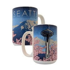 Lantern Press Space Needle & Cherry Blossoms White Mug