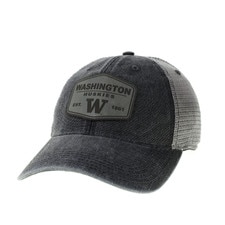 Legacy Black Gray Washington Huskies Leather Patch DTA Trucker Hat